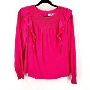 Loft Top Women's S Long Sleeve Swiss Dot Ruffles Smocked Preppy Pink Coquette